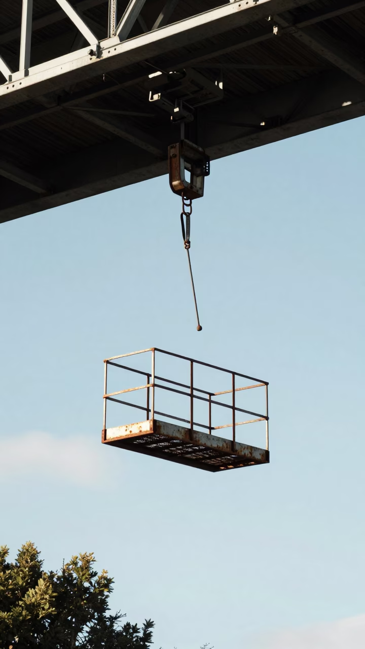 Bridge maintenance cage swinging in crosswind at Christchurch New Zealand noon in in Christchurch, New Zealand