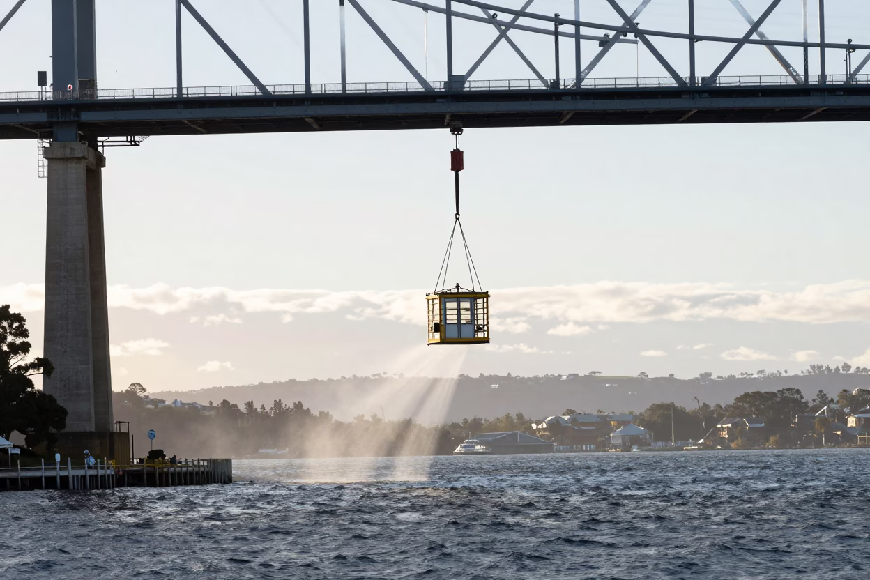 Bridge Maintenance Cage Swinging in Wind Along Hobart Waterfront Early Afternoon in in Hobart, Tasmania, Australia