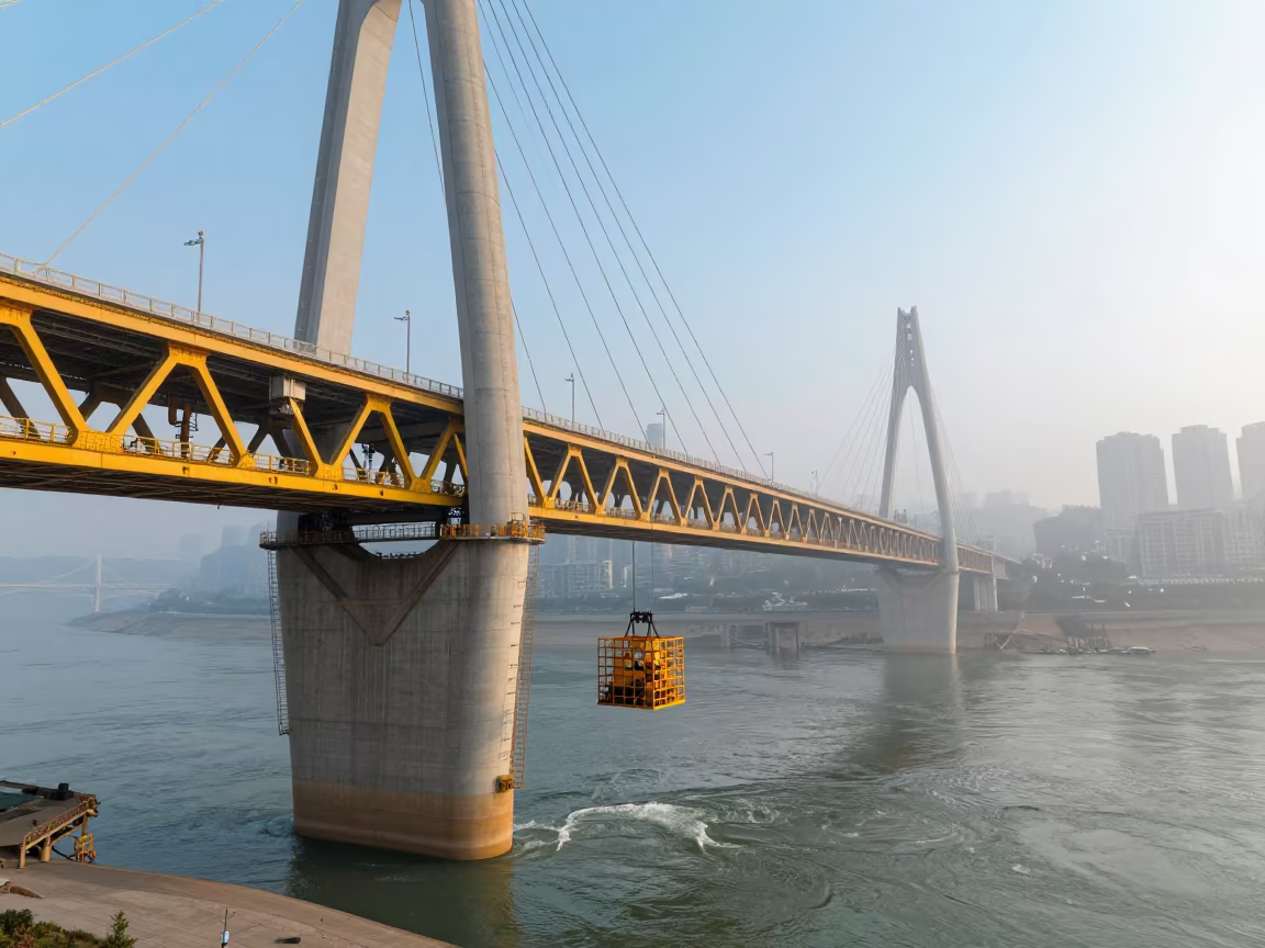 Bridge Maintenance Cage Swinging in Misty Chongqing in beside a bridge pier above moving water in Chongqing