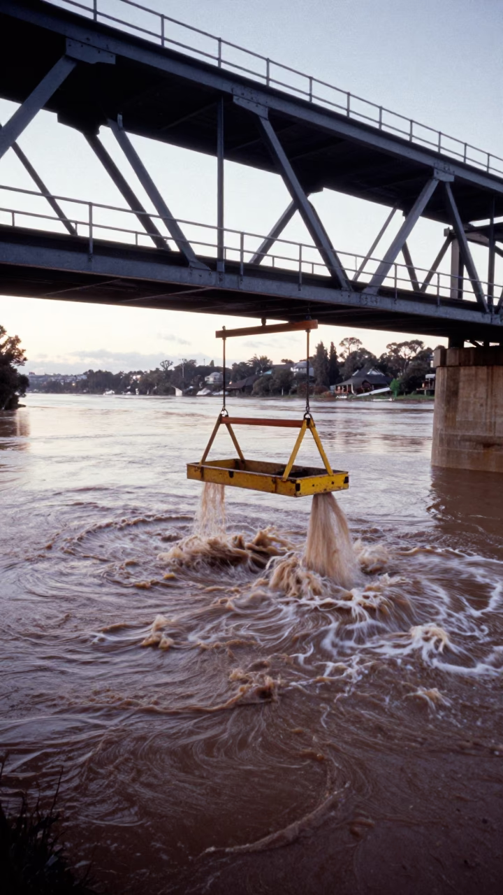 Bridge maintenance cradle and muddy floodwater at dawn in Hobart Tasmania in in Hobart, Tasmania, Australia