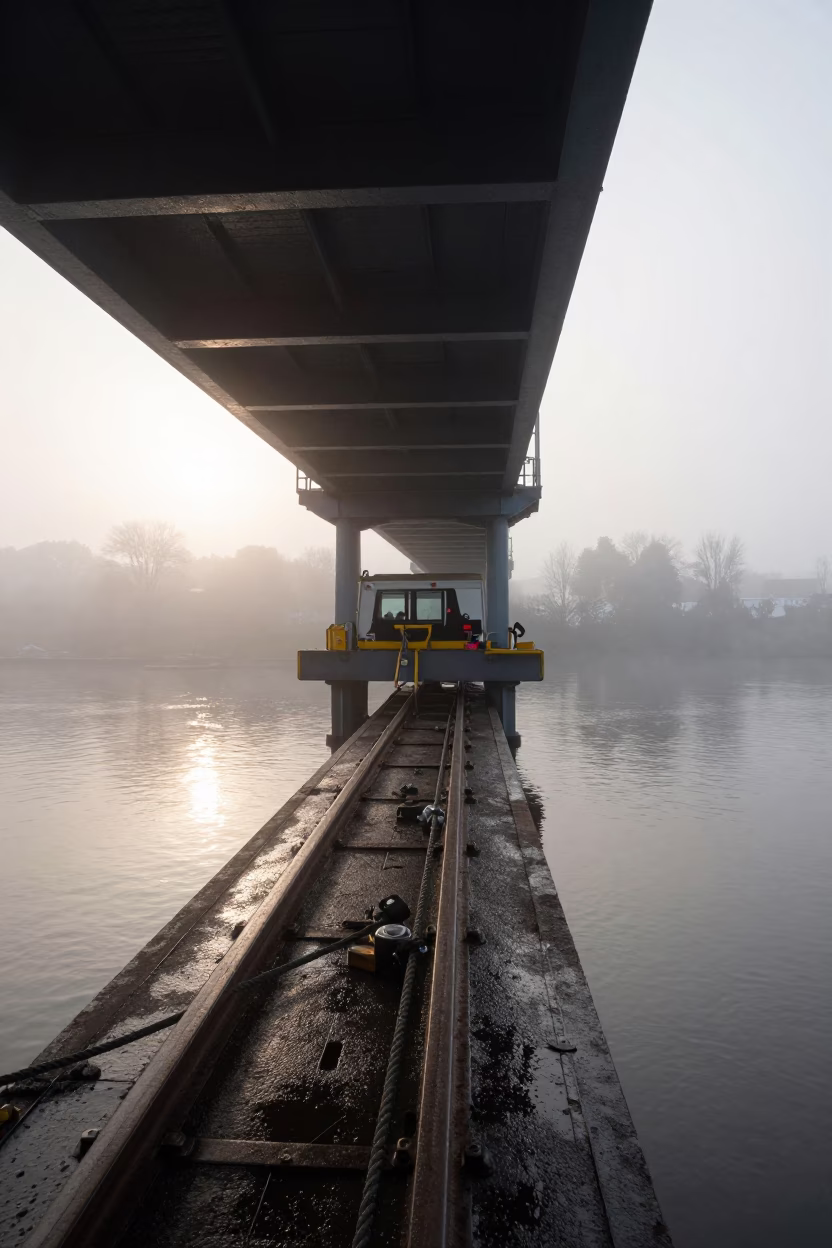 Bridge Maintenance Cradle Beneath Steel Span After Rain in beside a bridge pier above moving water in Netherlands
