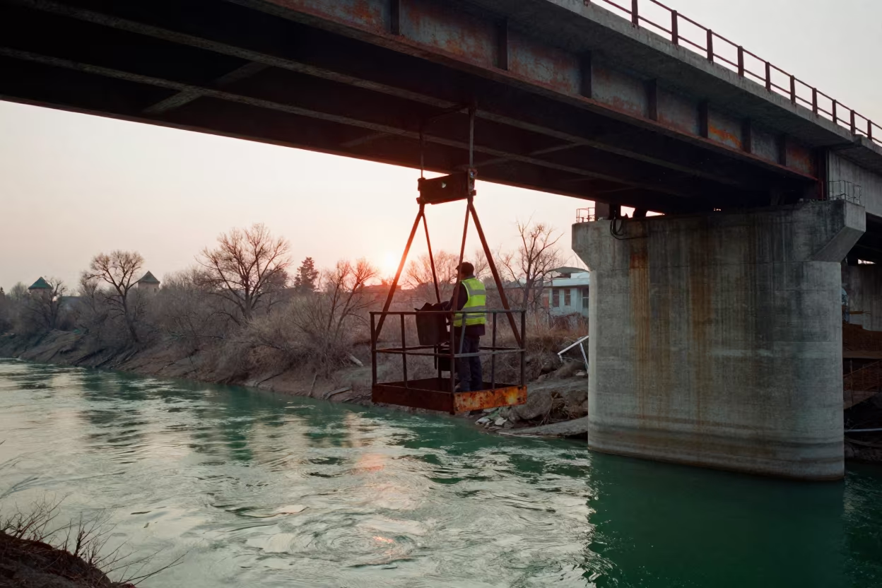 Bridge Maintenance Cradle Over Green River at Sunset in beneath a bridge span near Fergana