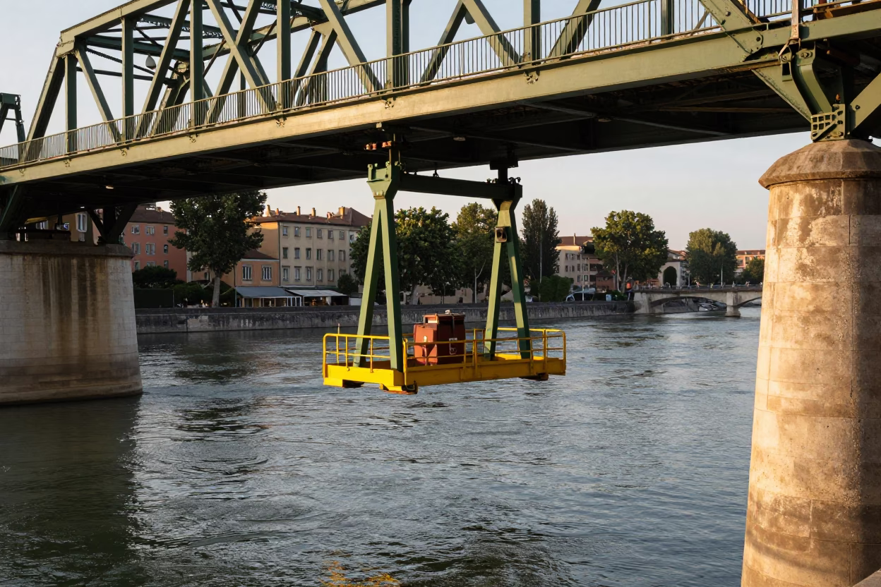 Bridge Maintenance Cradle Hanging Above Green River Water in Lyon in in Lyon, France