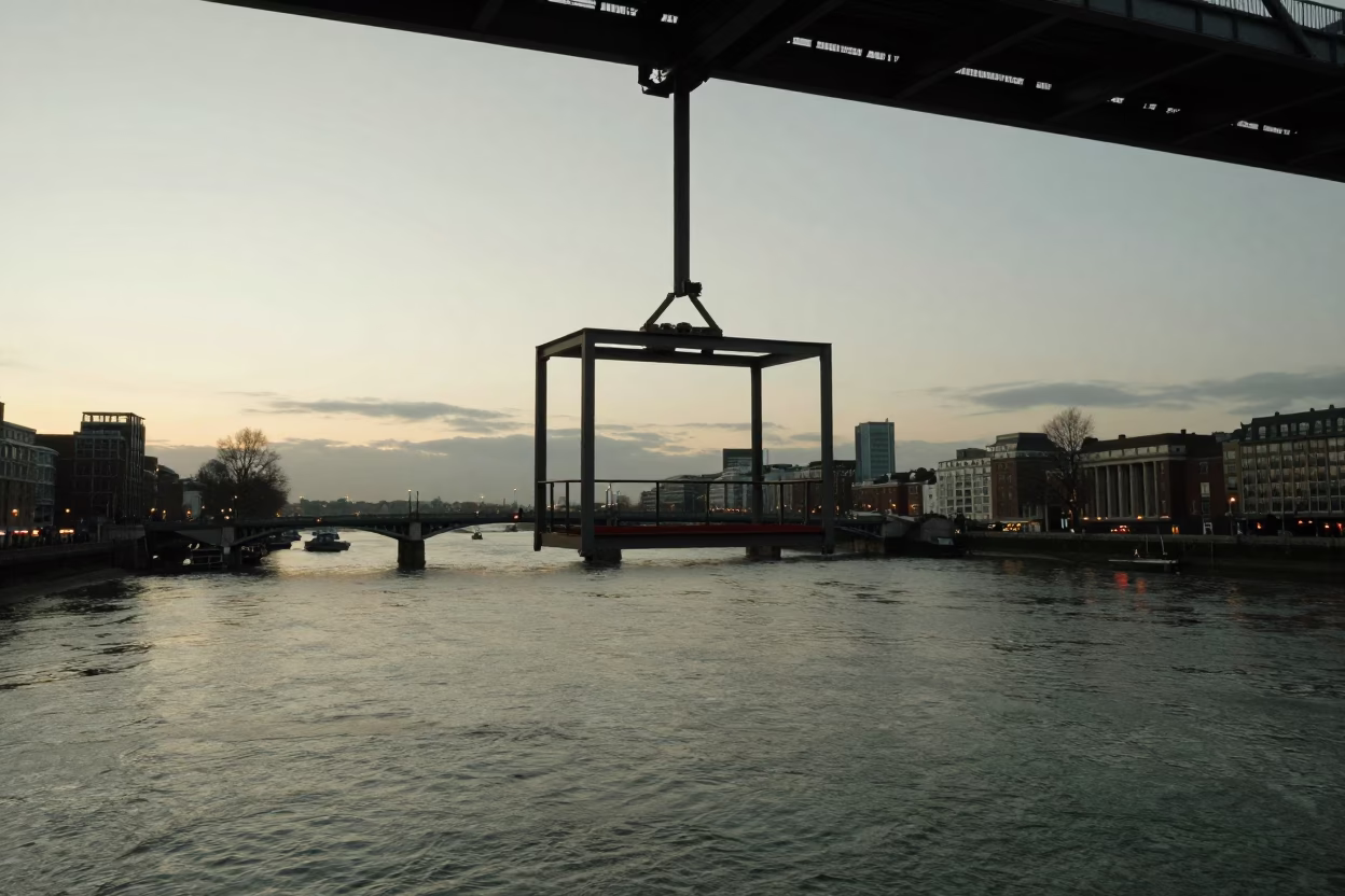Bridge Maintenance Cradle Hanging Above River at Dawn in London United Kingdom in in London, United Kingdom