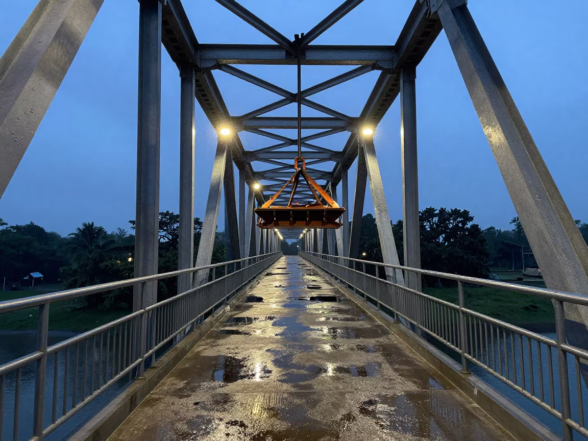 Bridge Maintenance Cradle in Indigo Twilight Rain in along a bridge maintenance walkway in Bago