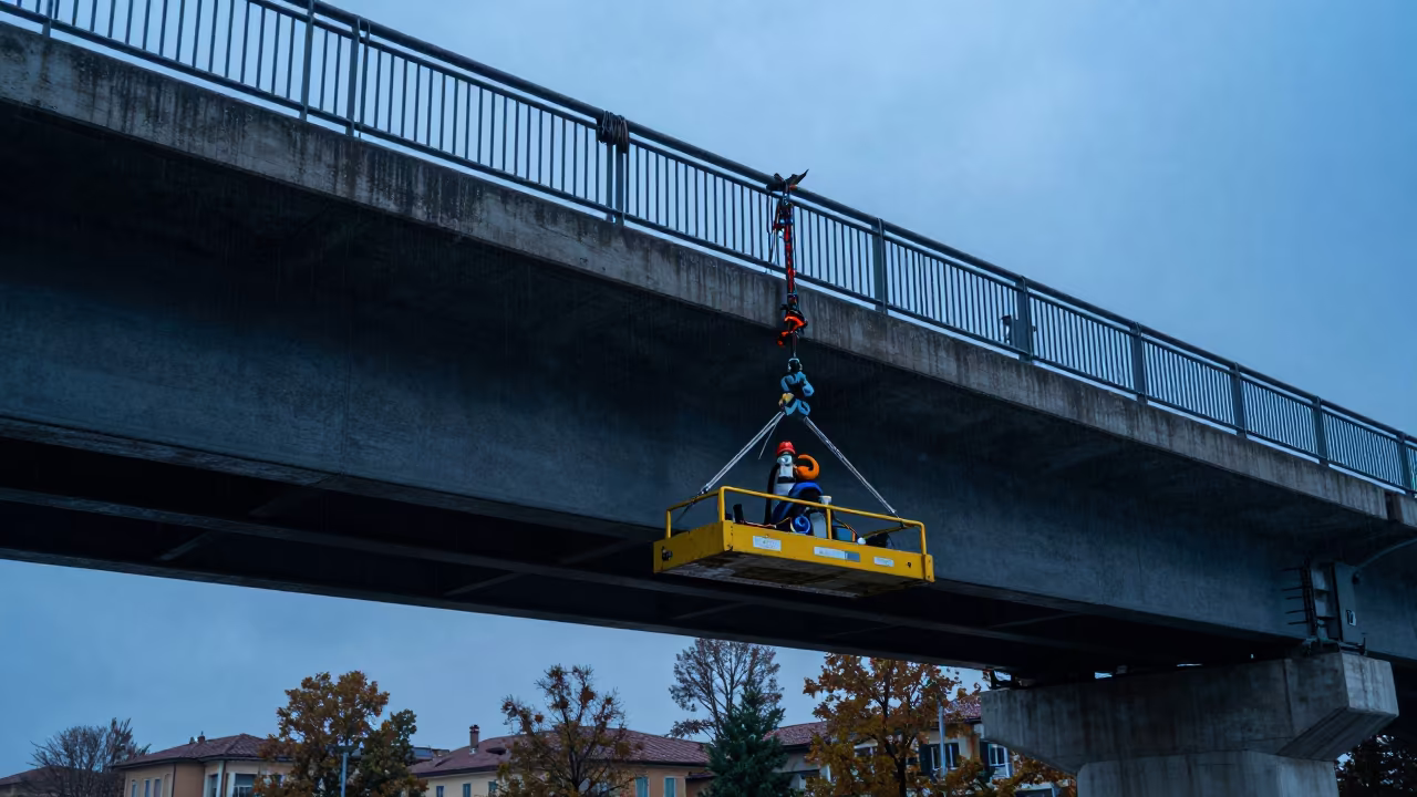 Bridge Maintenance Cradle Italy Twilight Rain in beneath a bridge span in Italy