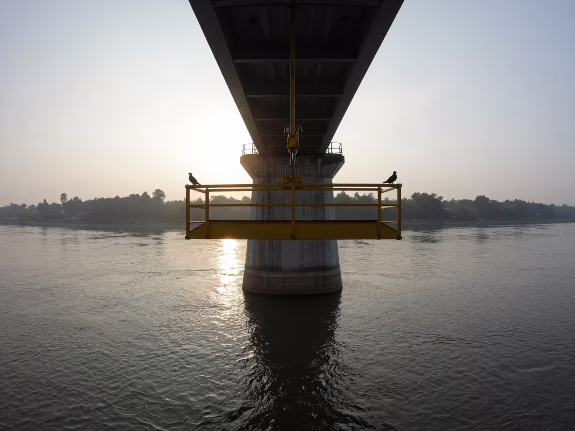 Bridge Maintenance Cradle Over Nagaland Water in beside a bridge pier above moving water in Nagaland