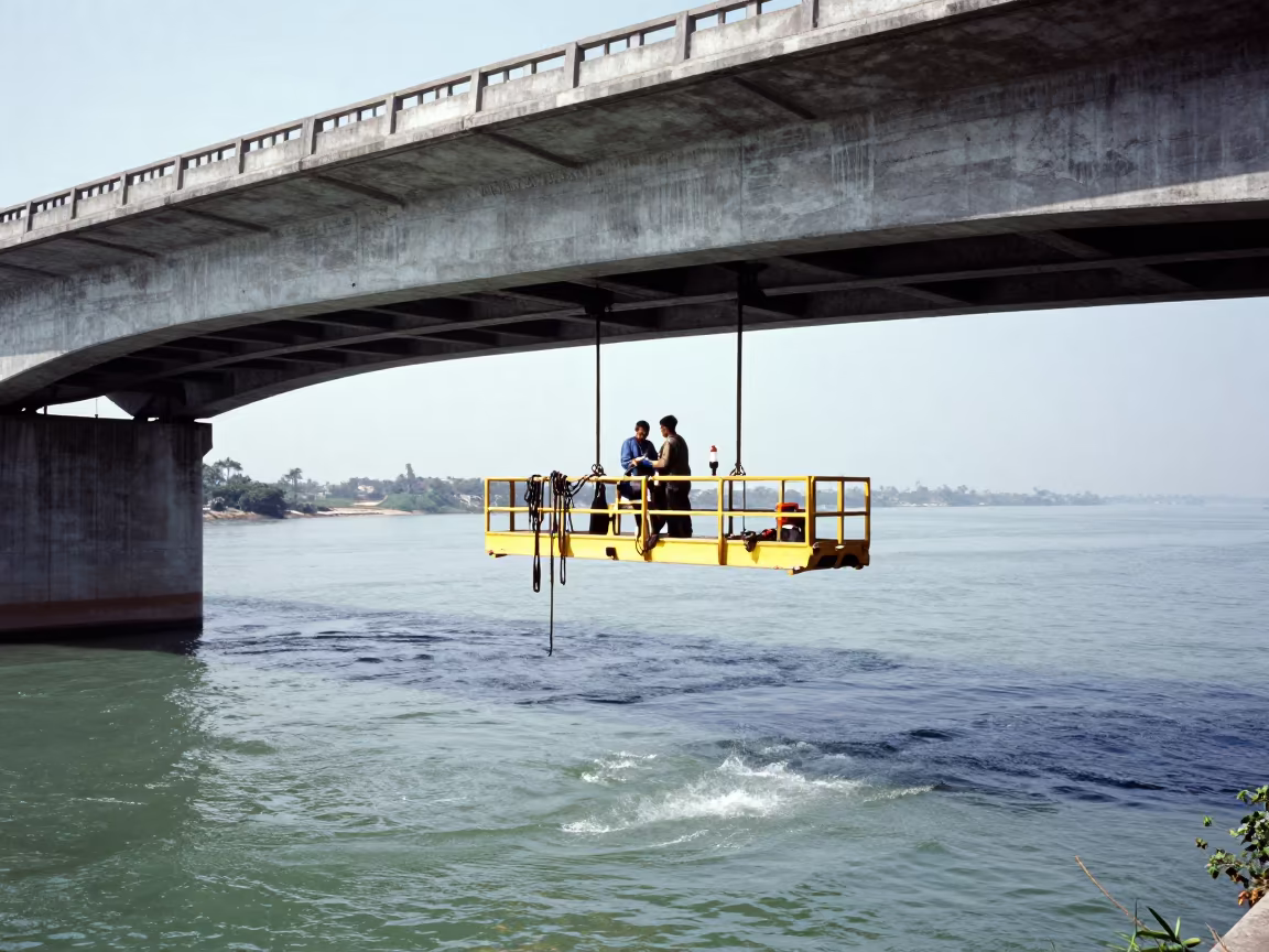 Bridge Maintenance Cradle Over Brazilian Tidal Water in beneath a bridge span in Brazil