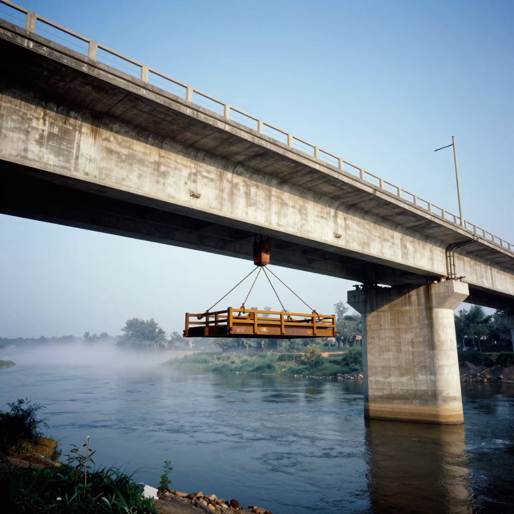 Bridge Maintenance Cradle Over Hpa An River in beneath a bridge span near Hpa-An
