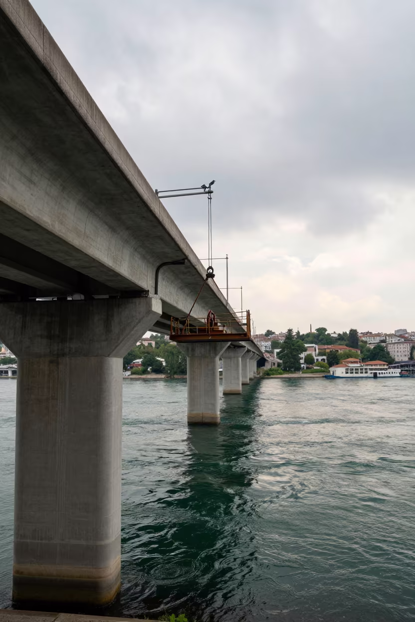 Bridge Maintenance Cradle Over Istanbul River in under a viaduct of steel and concrete near Istanbul