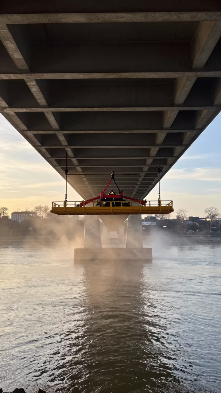 Bridge Maintenance Cradle Sunset Storm Spray in beneath a bridge span in Maryland