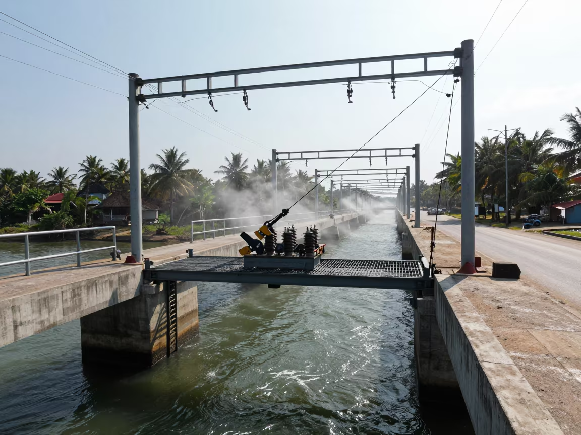 Bridge Maintenance Cradle Swinging in Mallawi in beside a bridge pier above moving water in Mallawi