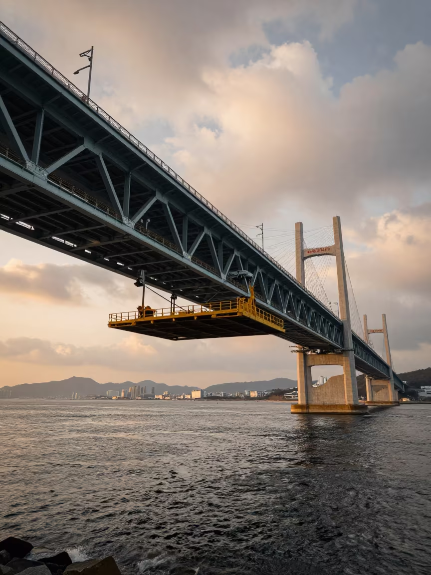 Bridge Maintenance Cradle Under Golden Sunset in beneath a bridge span in Huinnyeoul, Busan