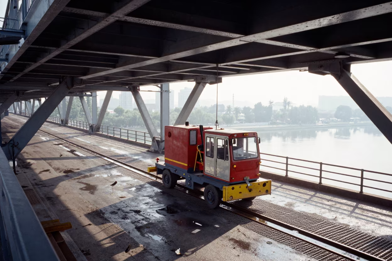 Bridge Maintenance Cradle Under Steel Span After Rain in along a bridge maintenance walkway near Zhengzhou