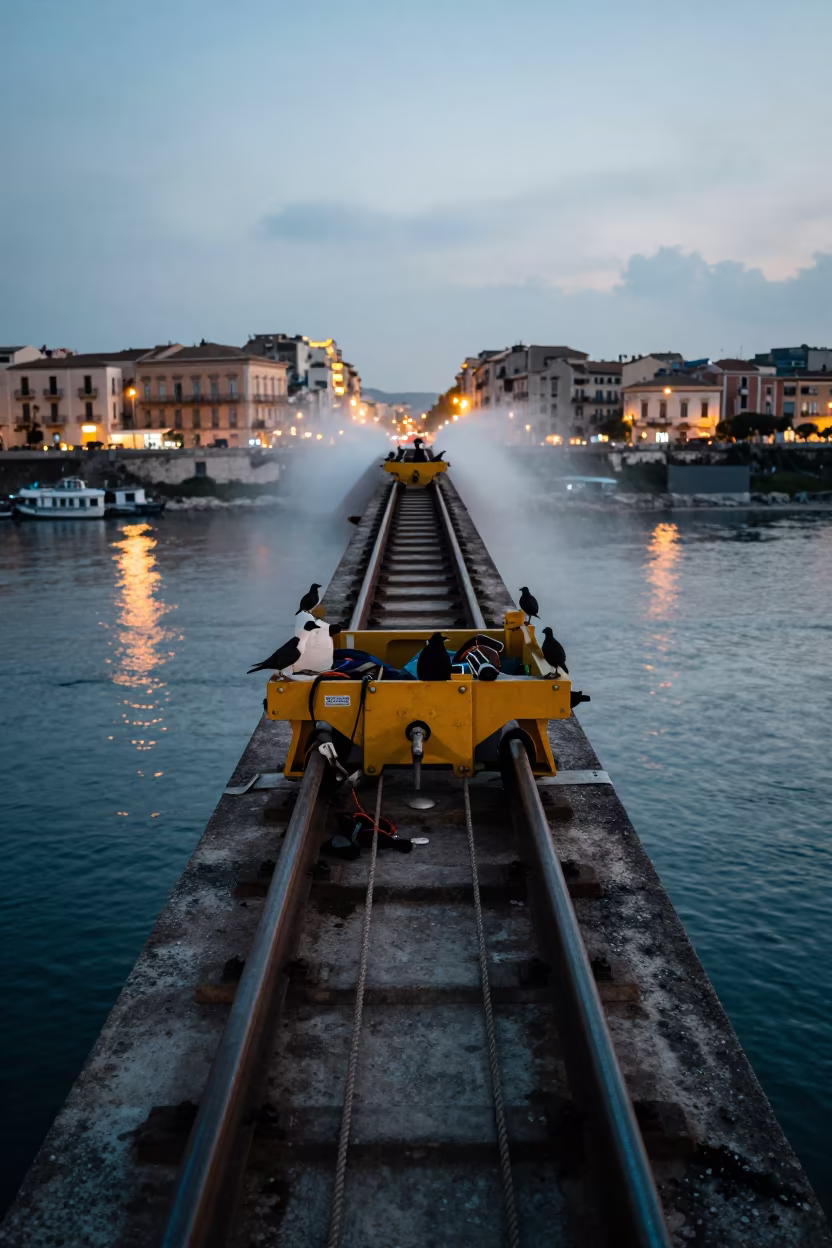 Bridge Maintenance Cradle Under Steel Span Sicily in beside a bridge pier above moving water in Sicily