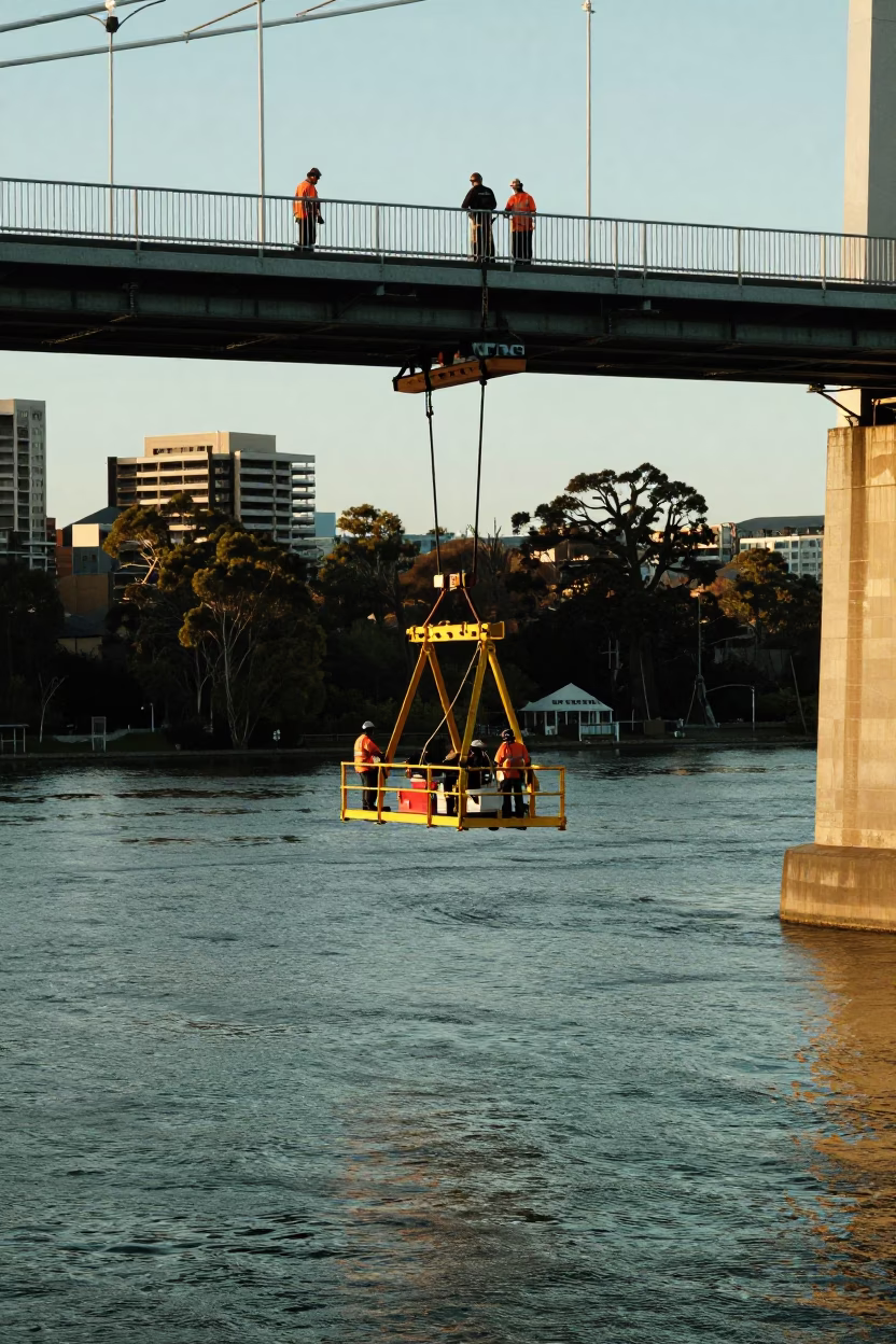 Bridge Maintenance Crew Working Above Derwent River in Hobart Tasmania Early Afternoon in in Hobart, Tasmania, Australia