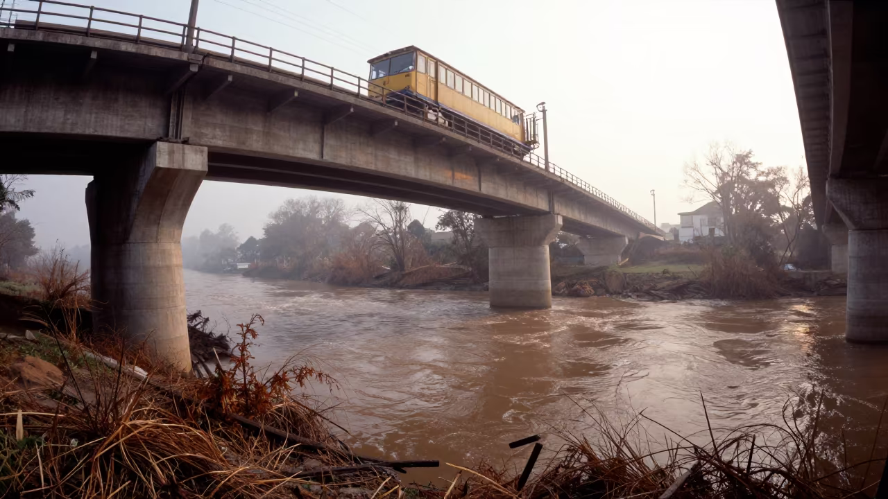 Bridge Maintenance Trolley Above Spring Runoff at Dawn in beneath a bridge span near Hassan