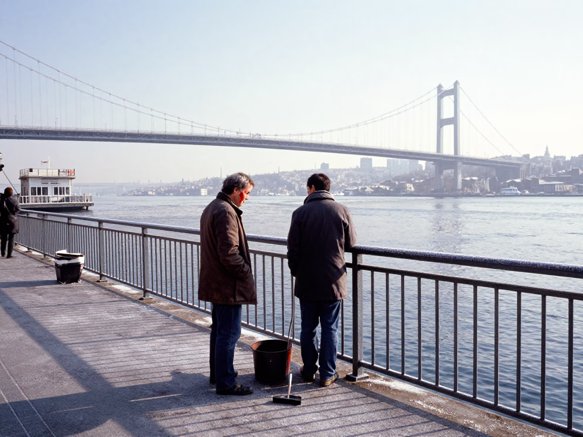Bridge Painter With Frost at Ortakoy Harbor in at a harbor edge in Ortakoy, Istanbul