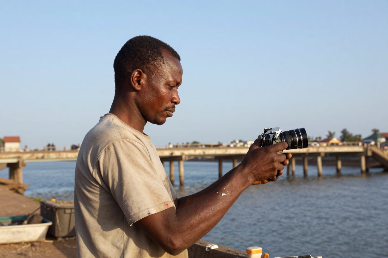 Bridge Painter with Lanolin Cuffs at Kumasi Harbor in at a harbor edge in Kumasi