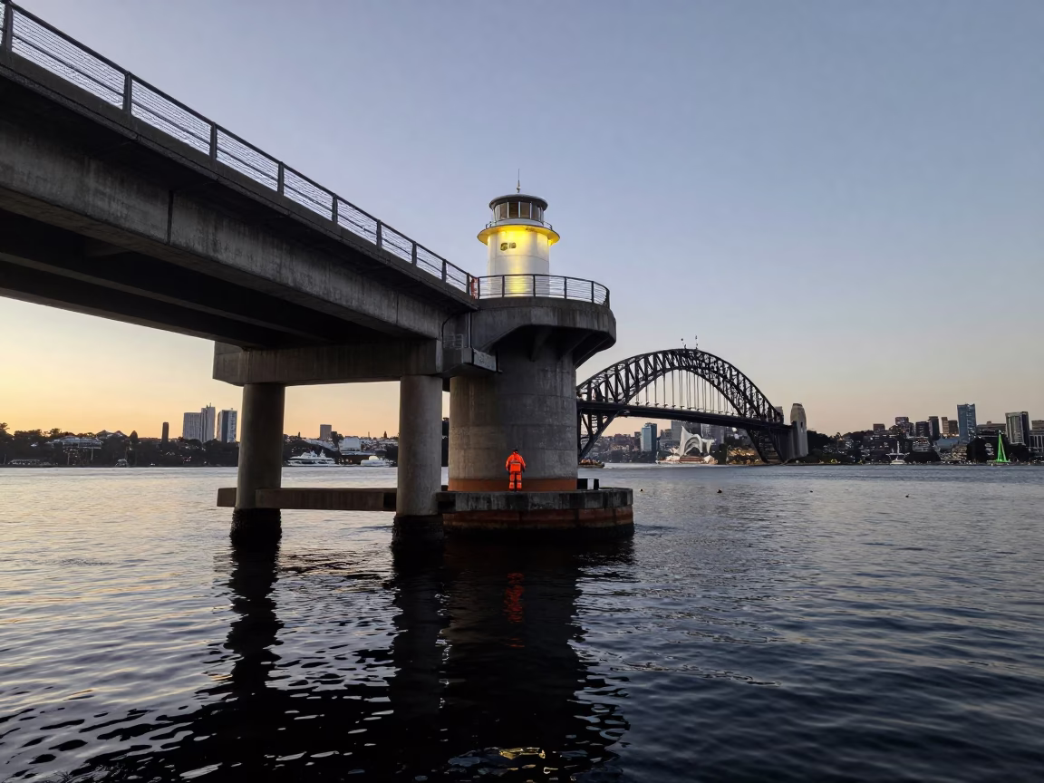 Bridge Pier at Nautical Dawn Light in Sydney in in Sydney, New South Wales, Australia