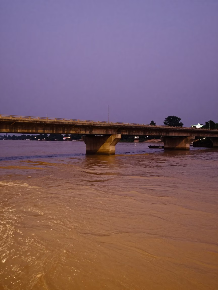 Bridge Pier Cutwater Splitting Flood Brown Current Along Mekong River in Phnom Penh in in Phnom Penh, Cambodia