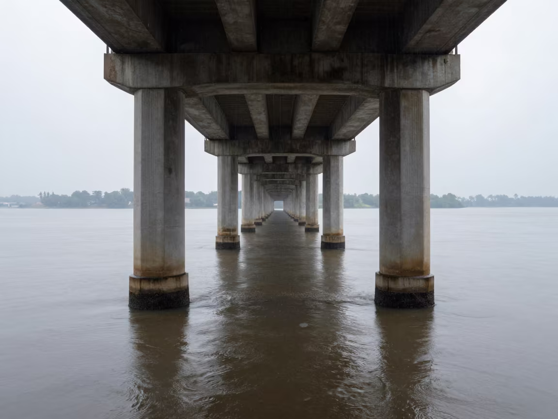 Bridge Pier in Dawn Rain Oklahoma City in beneath a bridge span in Oklahoma City