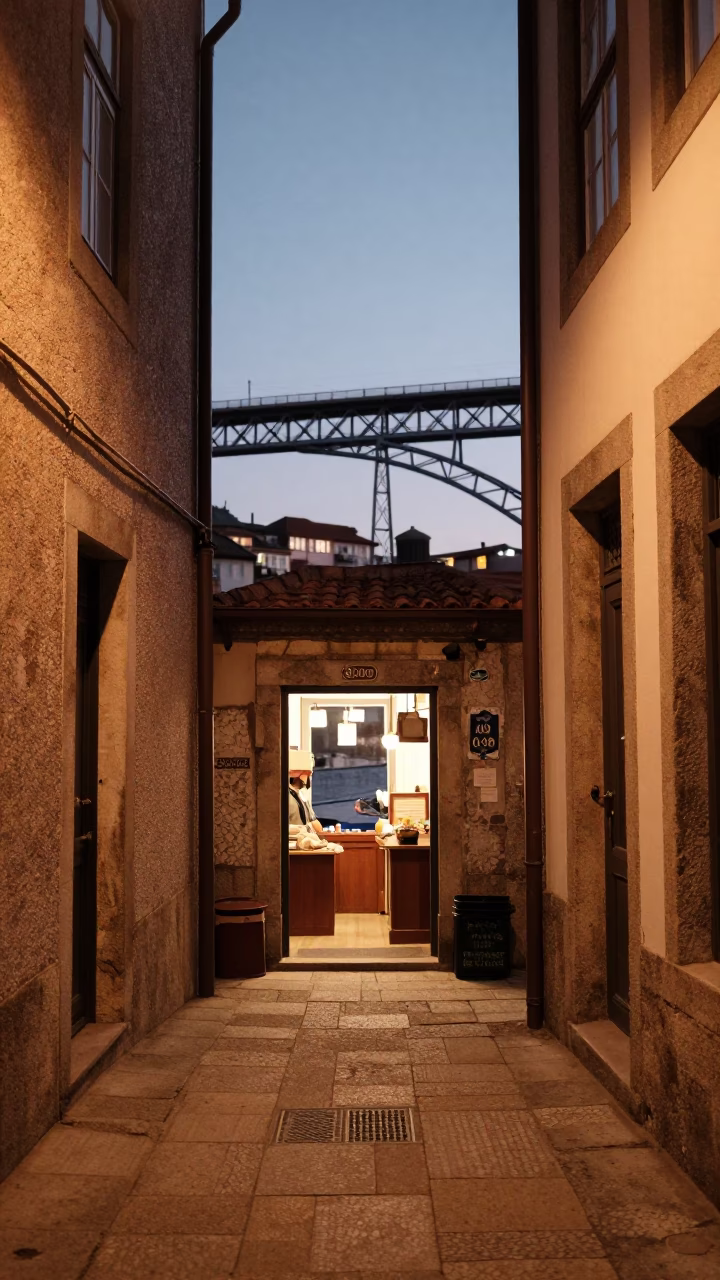 Bridge Pier in Porto at Copper-toned Light Before Dusk in in Porto, Portugal