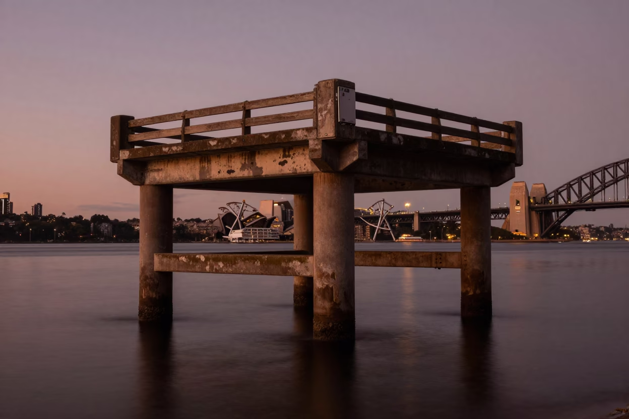 Bridge Pier in Sydney at Copper-toned Light Before Dusk in in Sydney, New South Wales, Australia