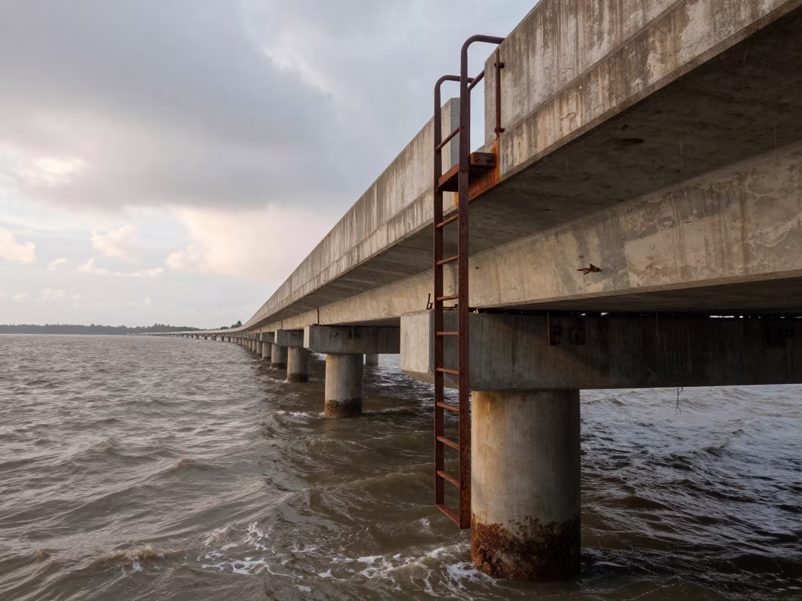Bridge Pier Inspection Ladder Over Estuary in along a bridge maintenance walkway near Mbuji-Mayi