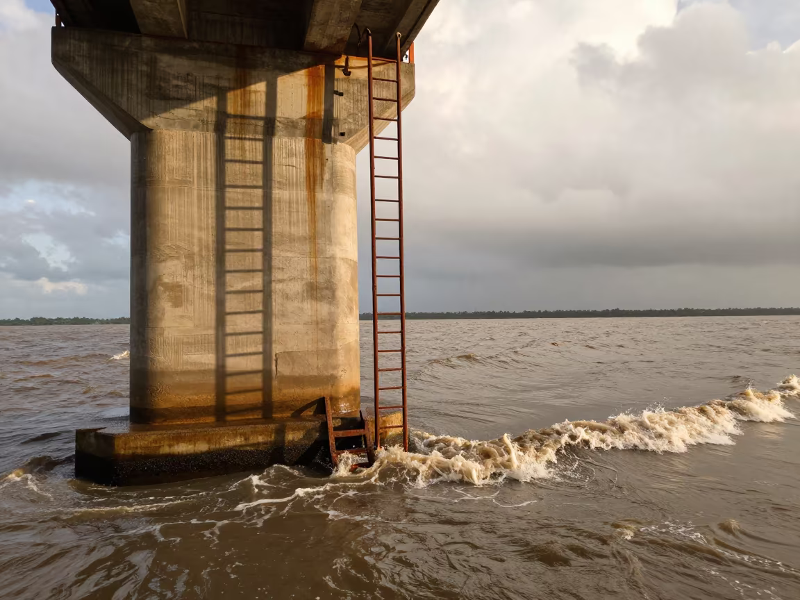 Bridge Pier Ladder Over Choppy Kerala Estuary in beside a bridge pier above moving water in Kerala
