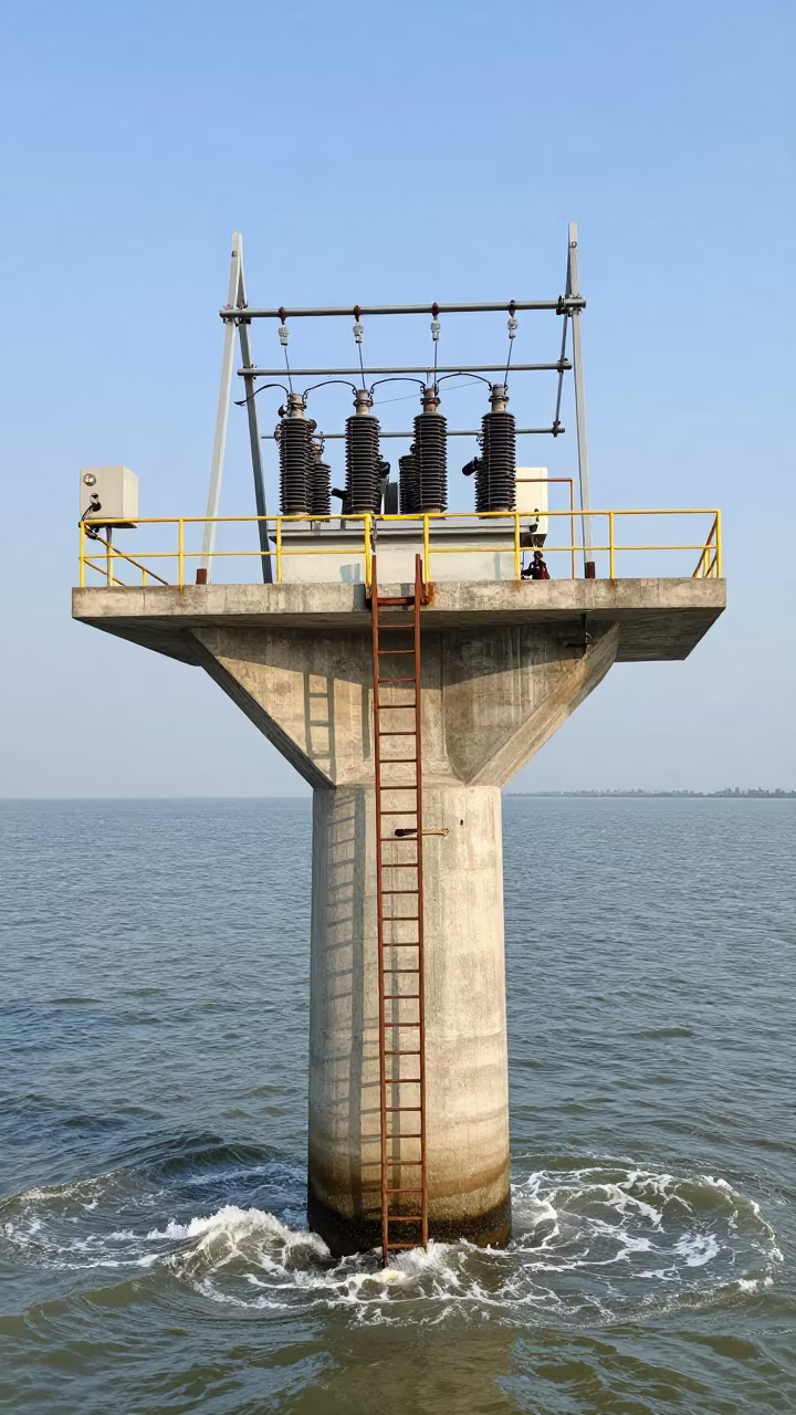Bridge Pier Ladder Over Choppy Estuary Water in beside a bridge pier above moving water in Veneto