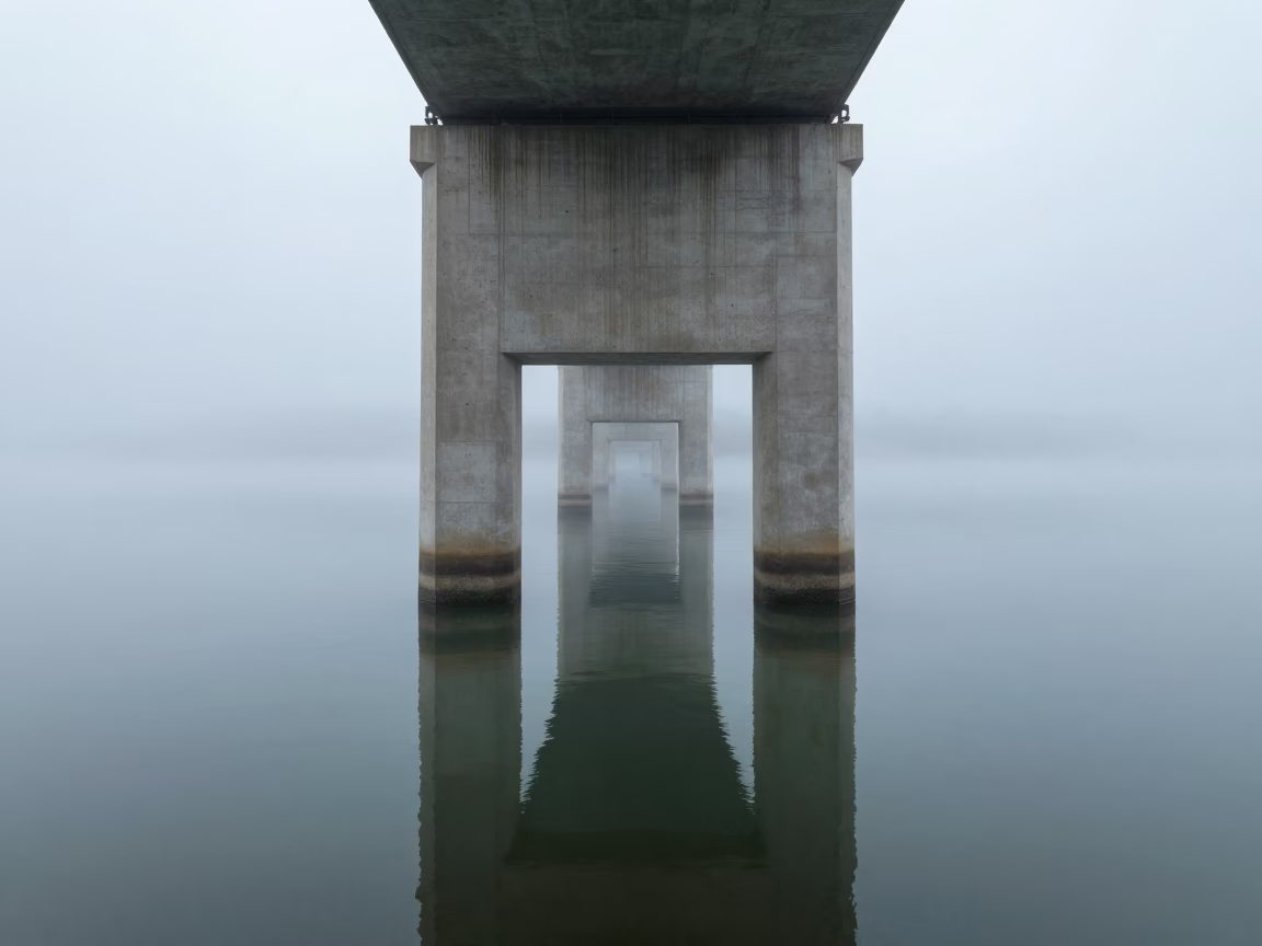 Bridge Pier in Misty Dawn Water Osh in beneath a bridge span in Osh