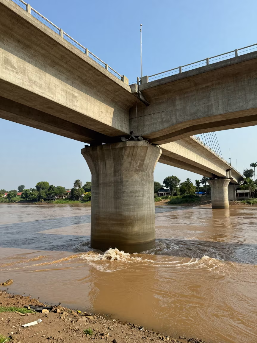 Bridge Pier Splitting Flood Brown Current in beneath a bridge span near Bago