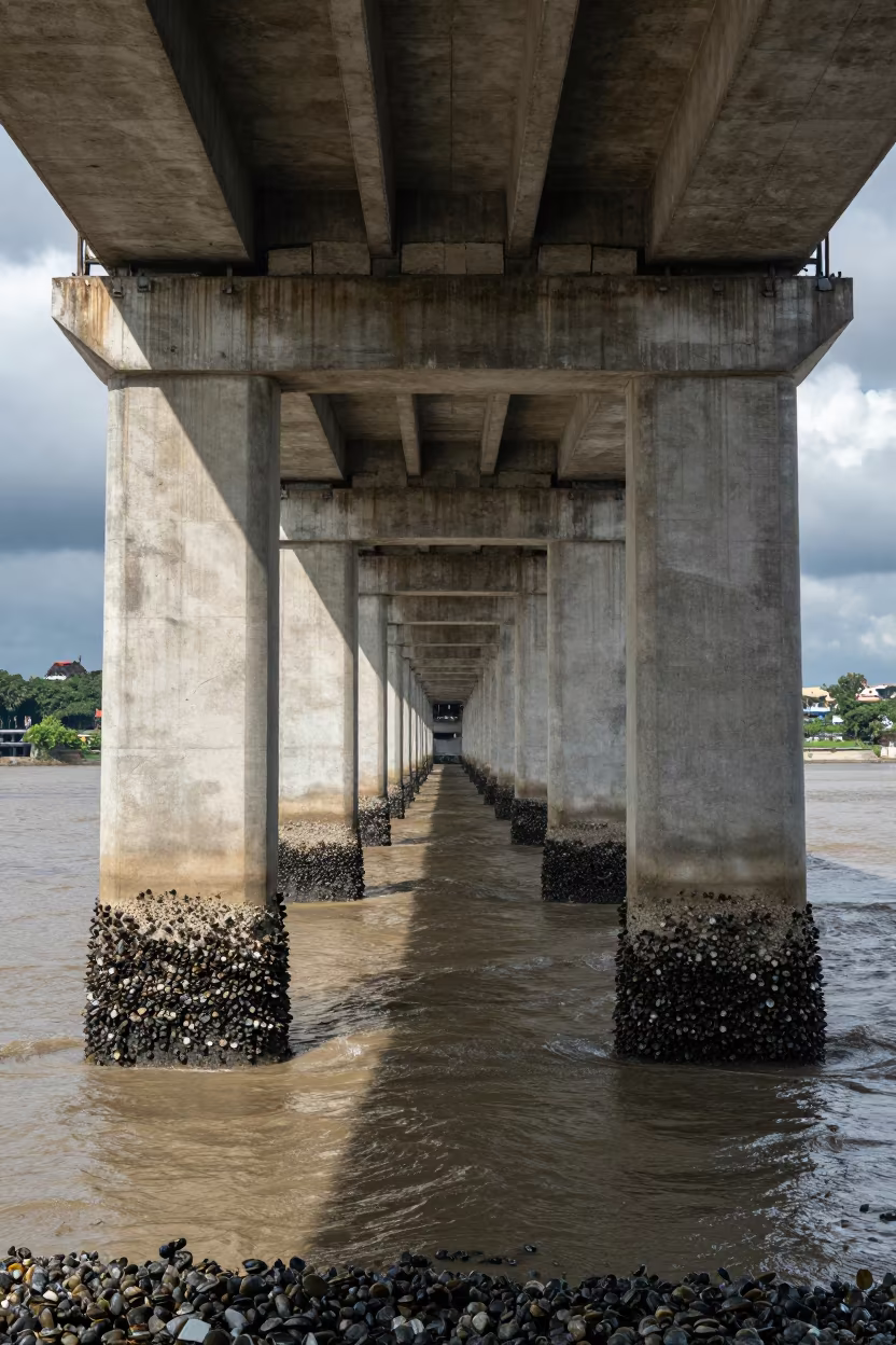 Bridge Pier Tide Lines Hanoi Mussels Winter Light in beneath a bridge span near Hanoi