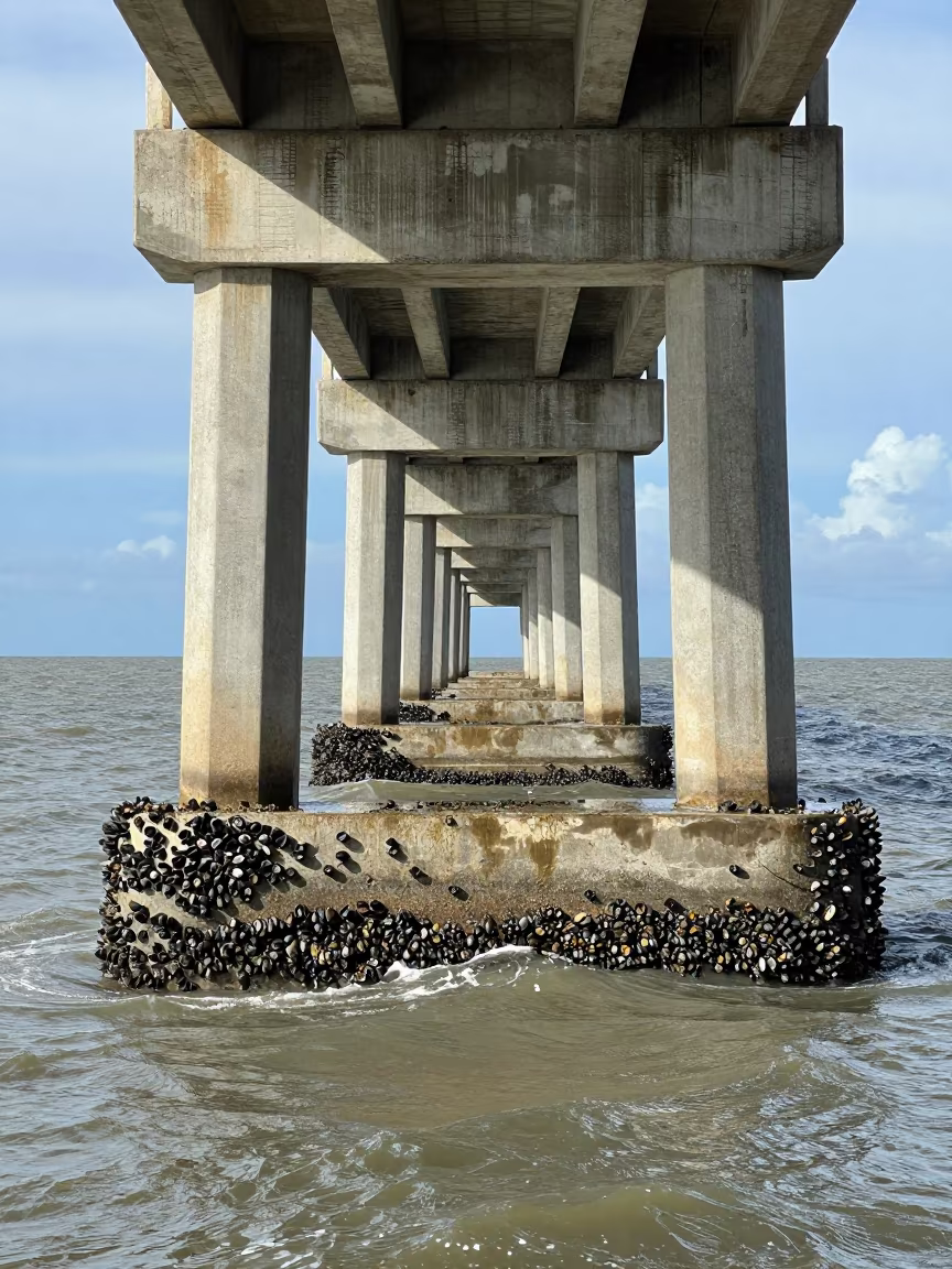 Bridge Pier Tide Lines and Mussels in Papua New Guinea in beside a bridge pier above moving water in Papua New Guinea