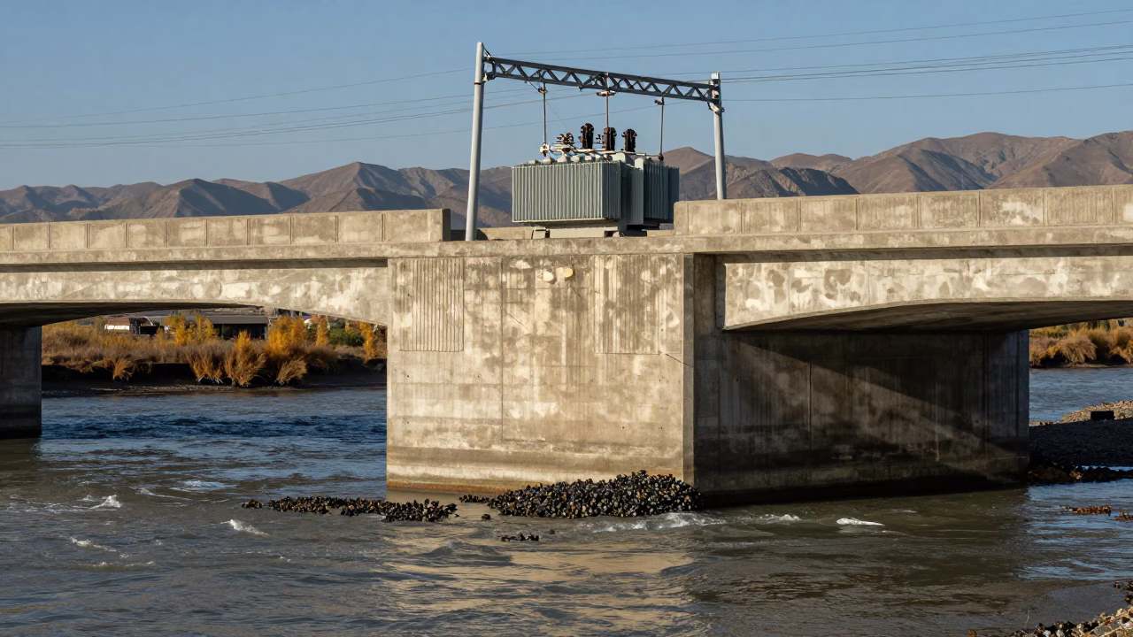 Bridge Pier With Tide Lines and Mussels in beside a bridge pier above moving water in Kyrgyzstan