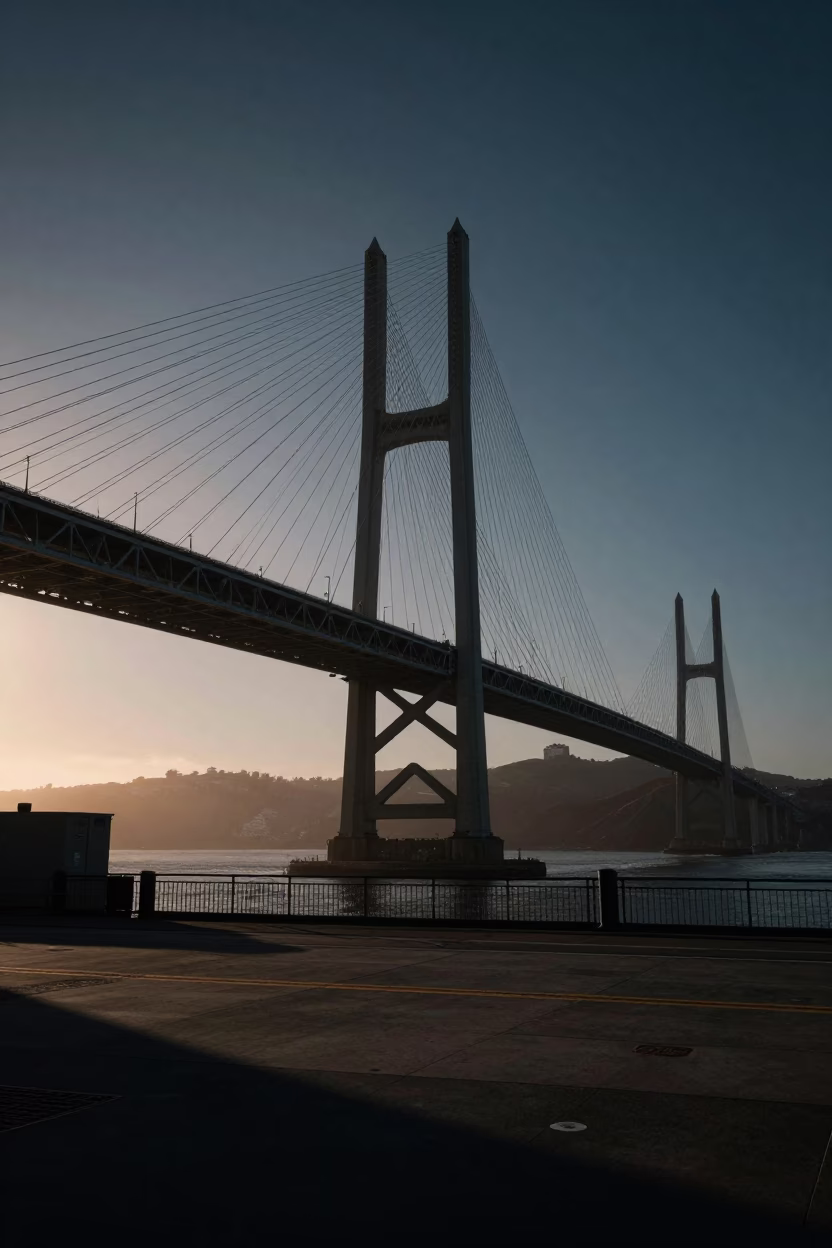 Bridge Span Illuminated Before Sunrise in Japantown in beneath a bridge span in Japantown, San Francisco