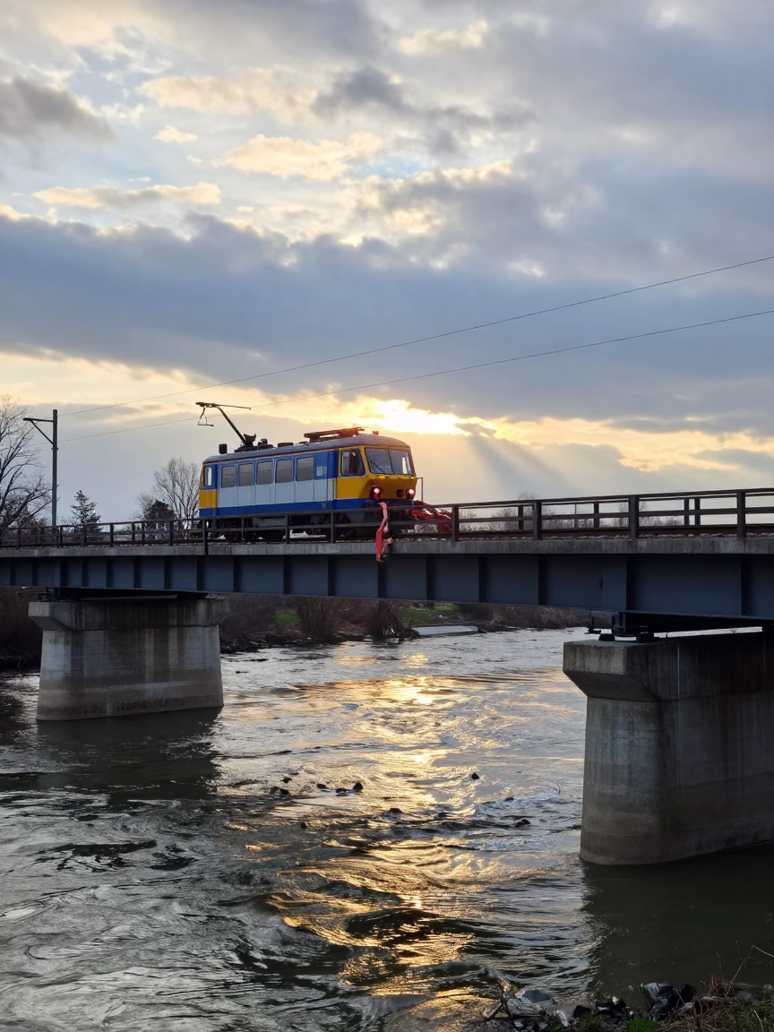 Bridge Trolley Above Spring Runoff River at Sunset in under a viaduct of steel and concrete in Bulgaria