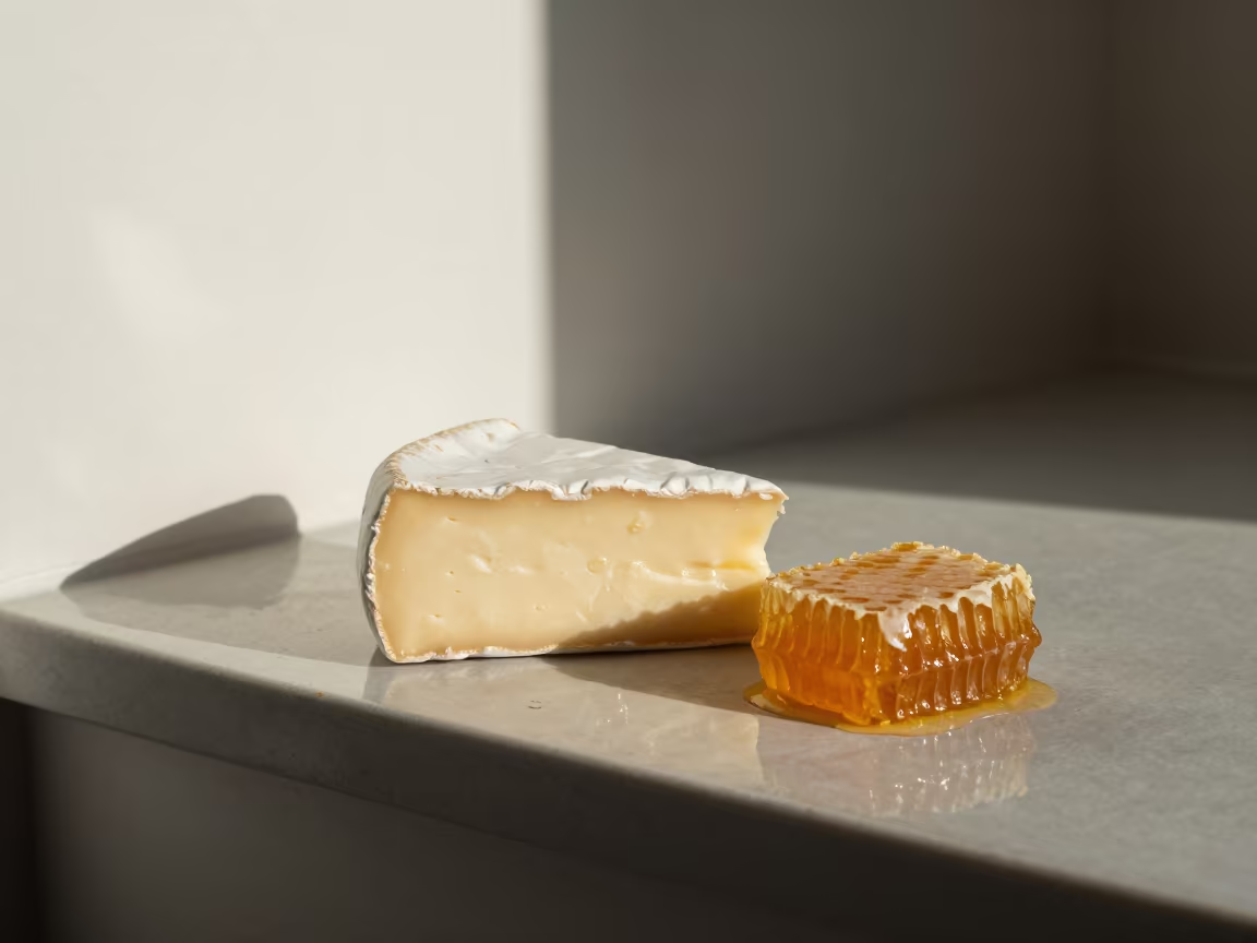 Brie Cheese and Honeycomb on Display Ledge in on a painted display ledge near Warnes