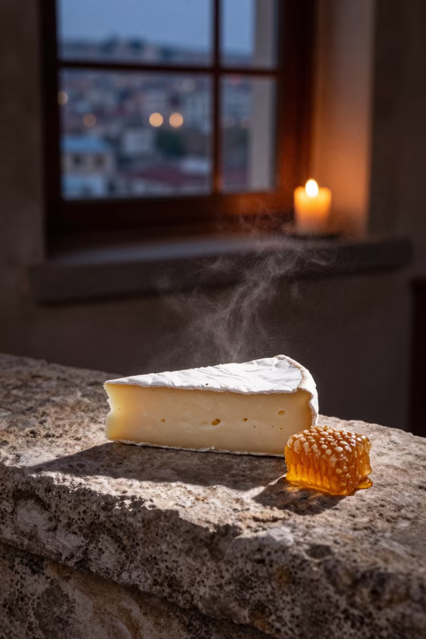 Brie and Honeycomb on Stone Ledge in on a stone ledge in Nevşehir