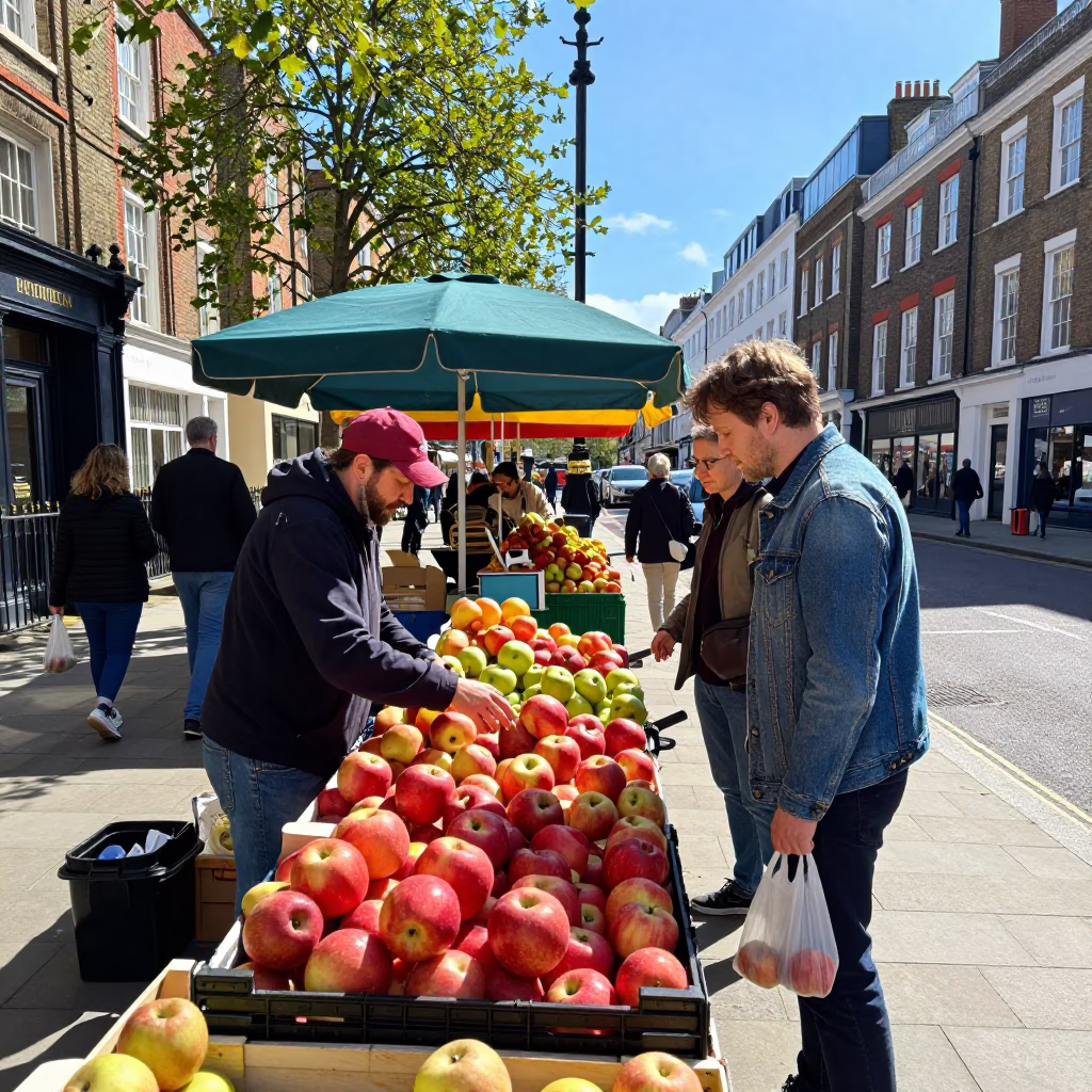 Bright Afternoon Street Scene in London With Colorful Market Stalls in in London, United Kingdom