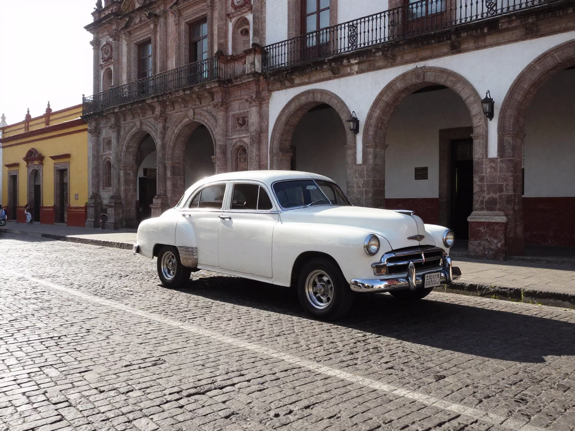 Bright Afternoon Street Scene in Merida Mexico with Vintage Car and Colonial Architecture in in Merida, Mexico