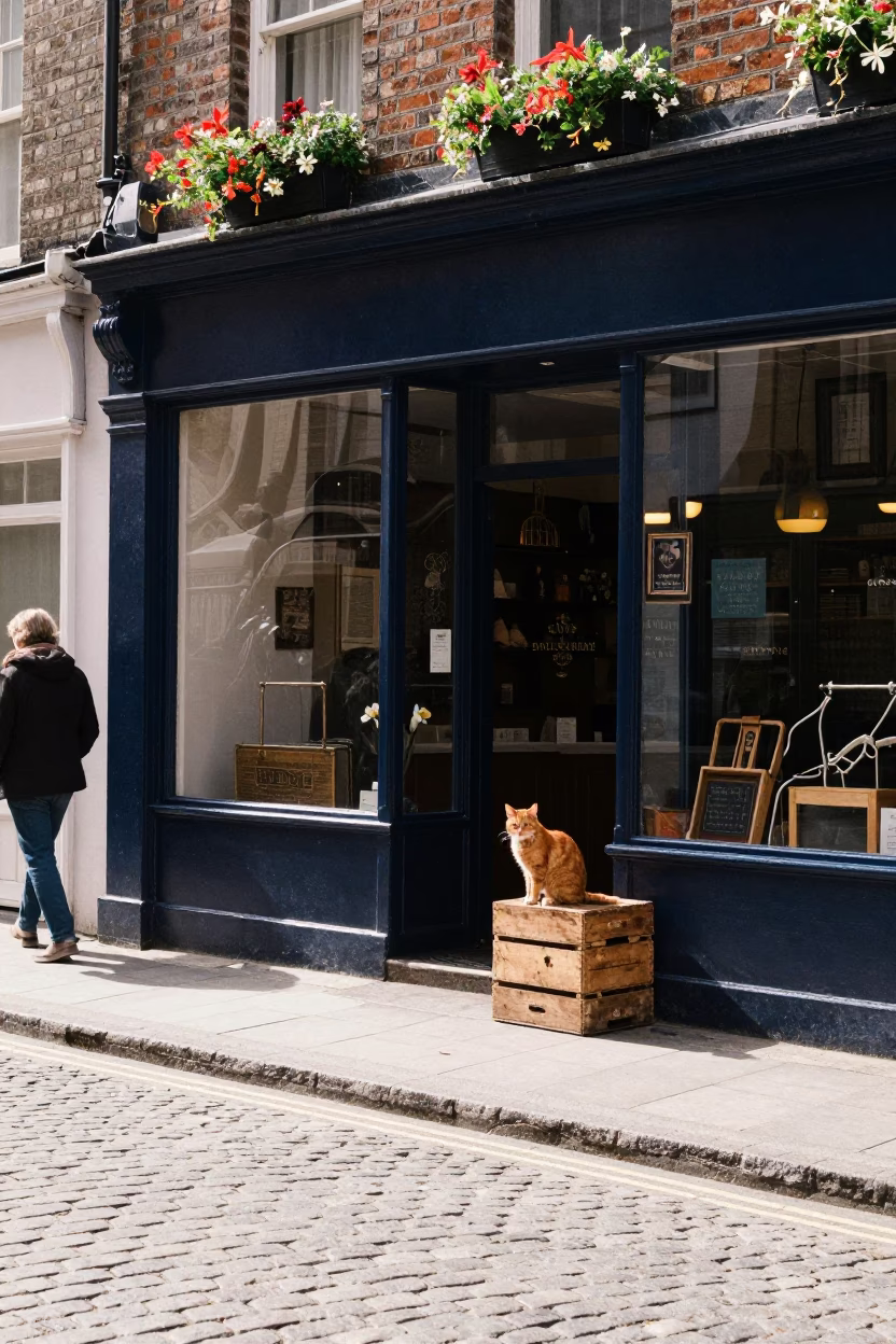 Bright Dublin Street Scene with Ginger Cat and Vintage Tea Towel in in Dublin, Ireland