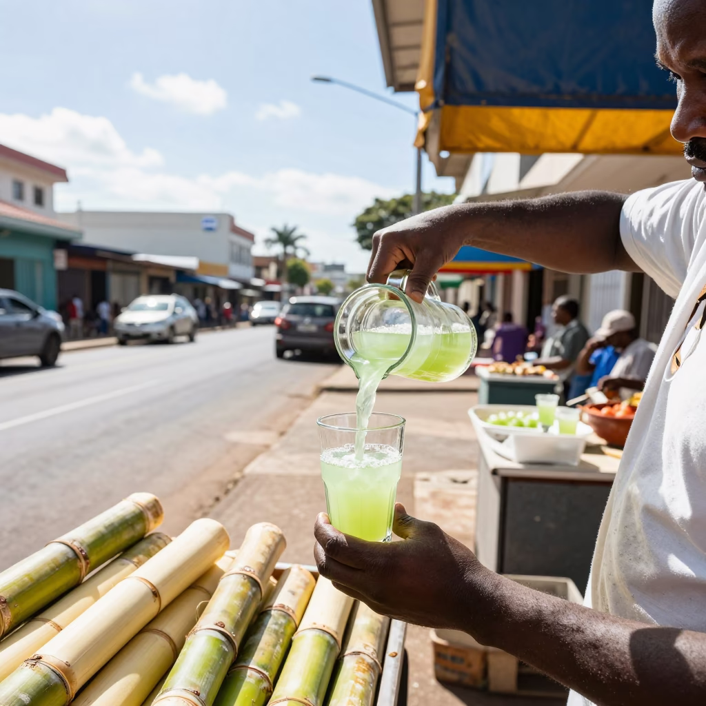 Bright Durban Morning Street Scene with Fresh Sugarcane Juice Vendor and Busy Traffic in in Durban, South Africa