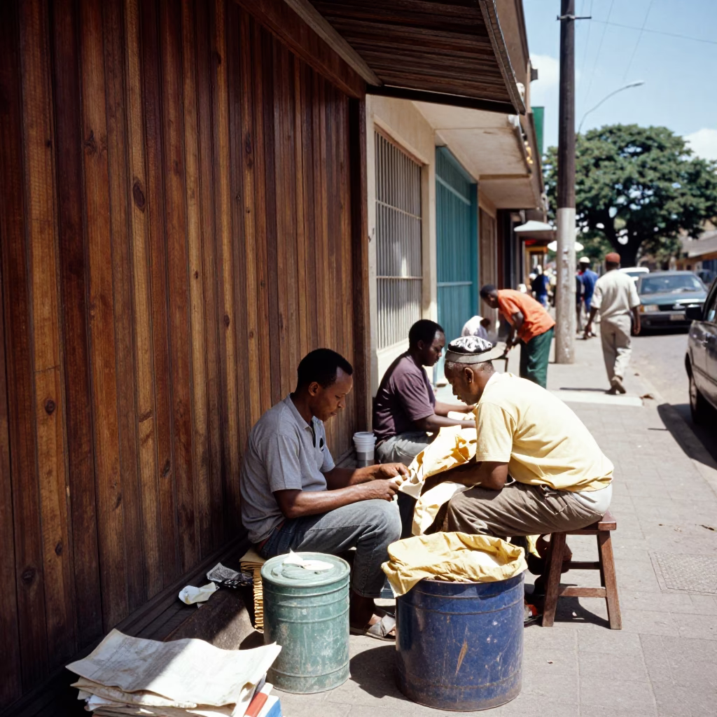 Bright Johannesburg Street Scene 1960s with Wood Grain and Twine Details in in Johannesburg, South Africa