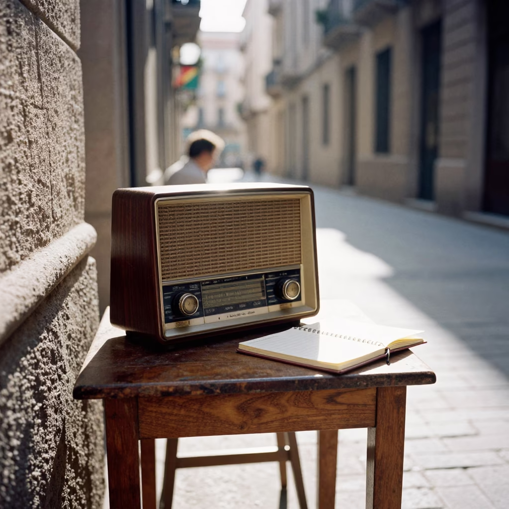 Bright Late Morning in Barcelona Spain with Vintage Radio and Notebook in in Barcelona, Spain