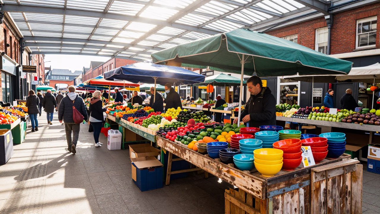 Bright Late Morning in Liverpool Market Stalls with Colorful Goods in in Liverpool, United Kingdom