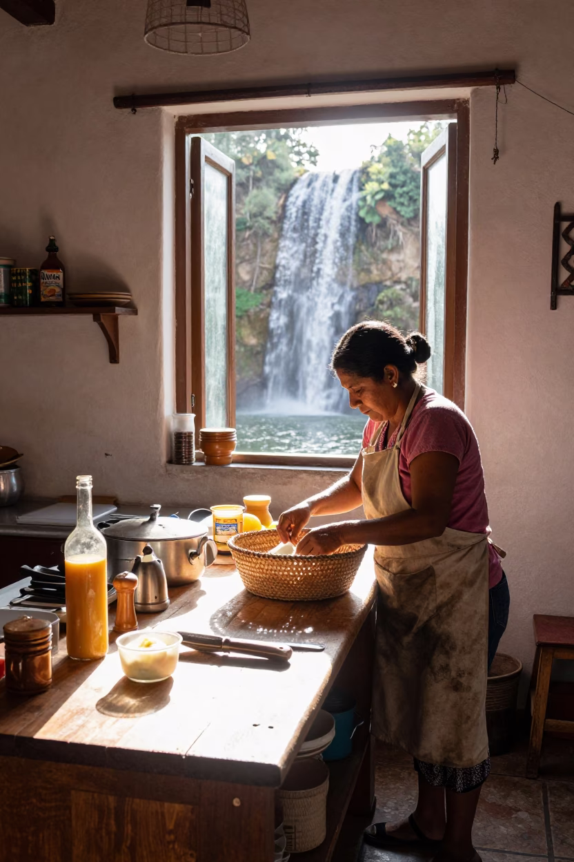 Bright Late Morning Light Falls on Lived-In Lima Kitchen Counter in in Lima, Peru