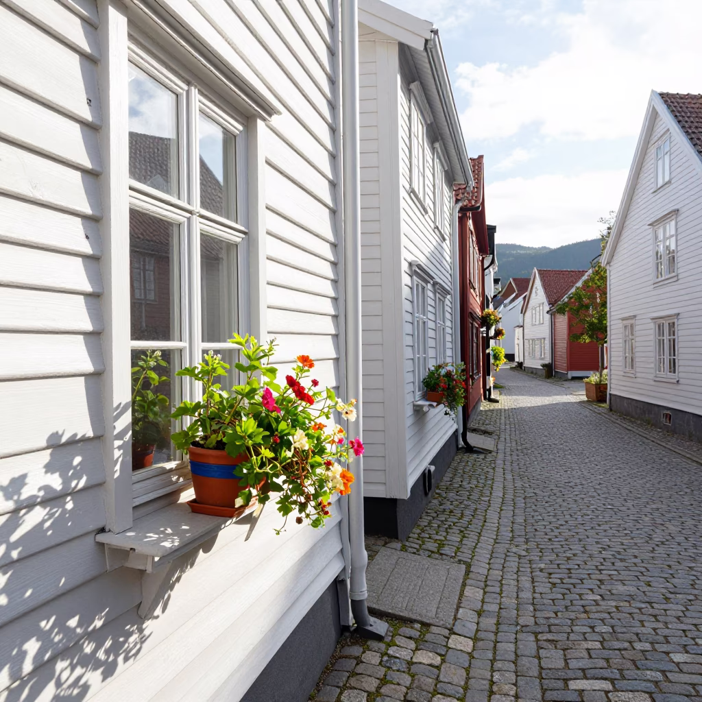 Bright Late Morning Light in Bergen Norway with Flowerpot and Houseplant in in Bergen, Norway