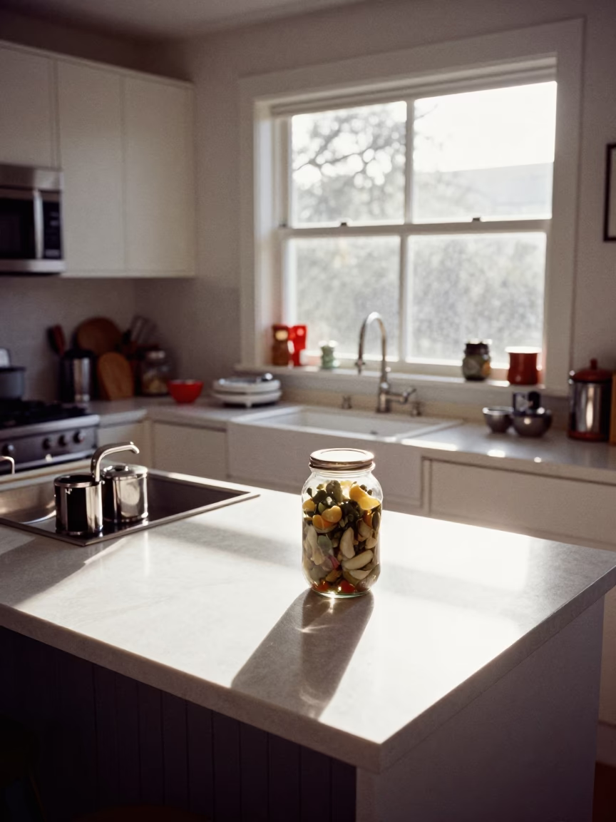 Bright Late Morning Light on Cluttered Kitchen Counter in Adelaide Home in in Adelaide, South Australia, Australia